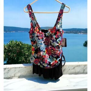 NWT Azul Womens Size 18 Swim 1-Piece Swimdress Swimsuit Floral Top Black Skirt